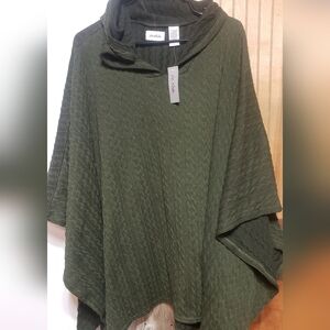 New W/tags Forest Green Shawl Poncho Cable Knit Sweater Style Hooded Heavy Warm
